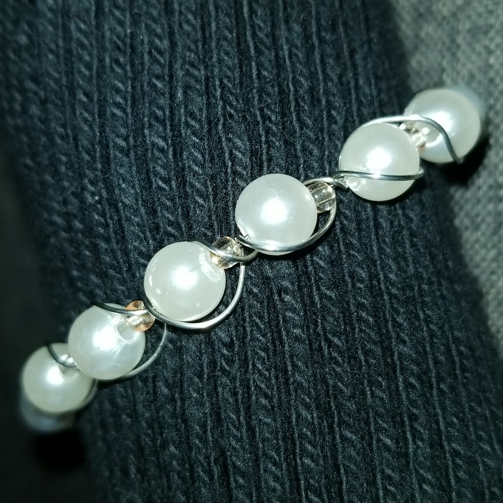 Pearl Wire Bangle Bracelet With Gold Bead Accents - Picture 7 of 10